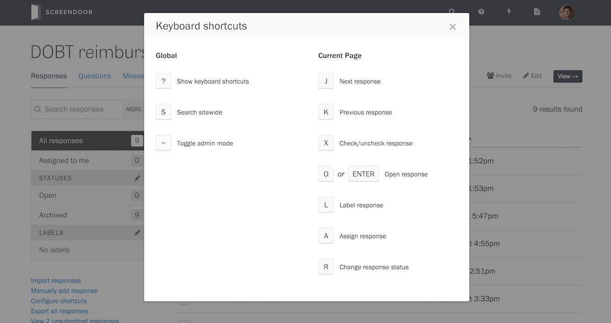 Keyboard shortcuts on the responses page