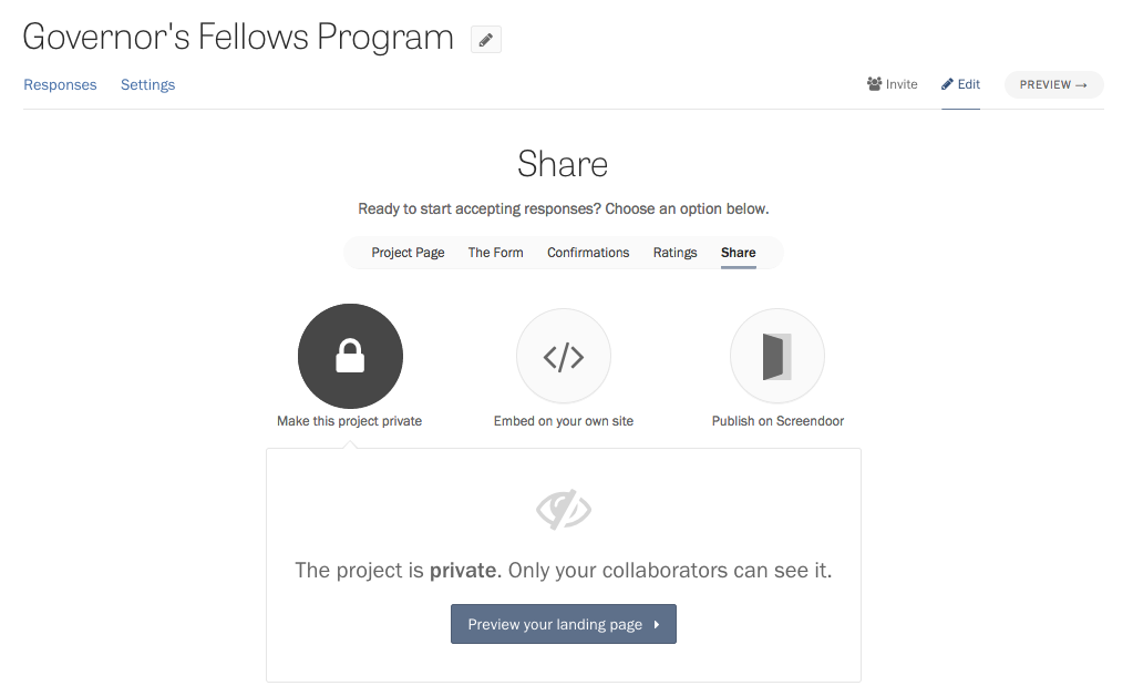 The Share page in the project wizard
