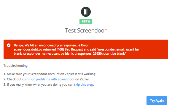 Zapier error message when testing Screendoor.