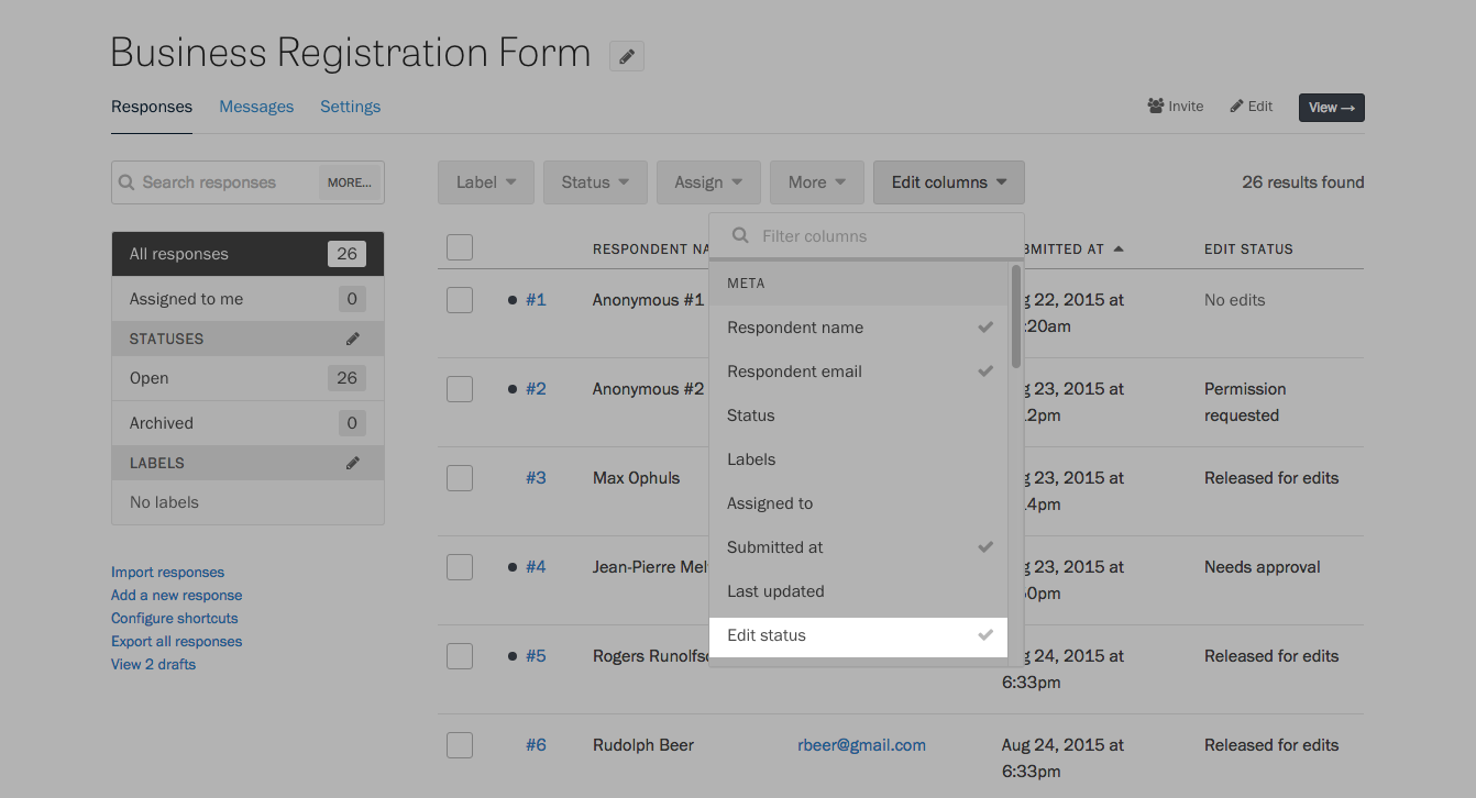 Viewing all responses that have been released for edits.