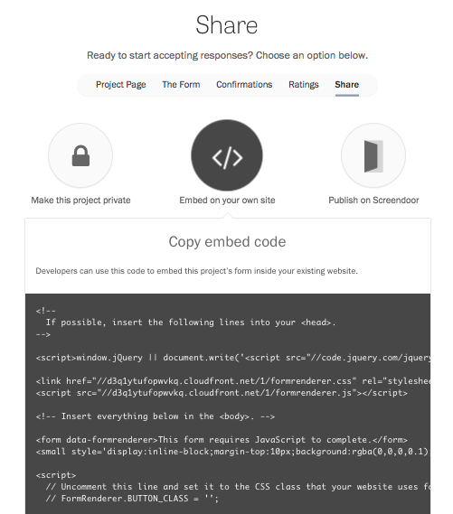 The Embed code page.