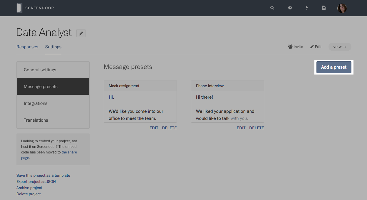 The Message presets settings page.