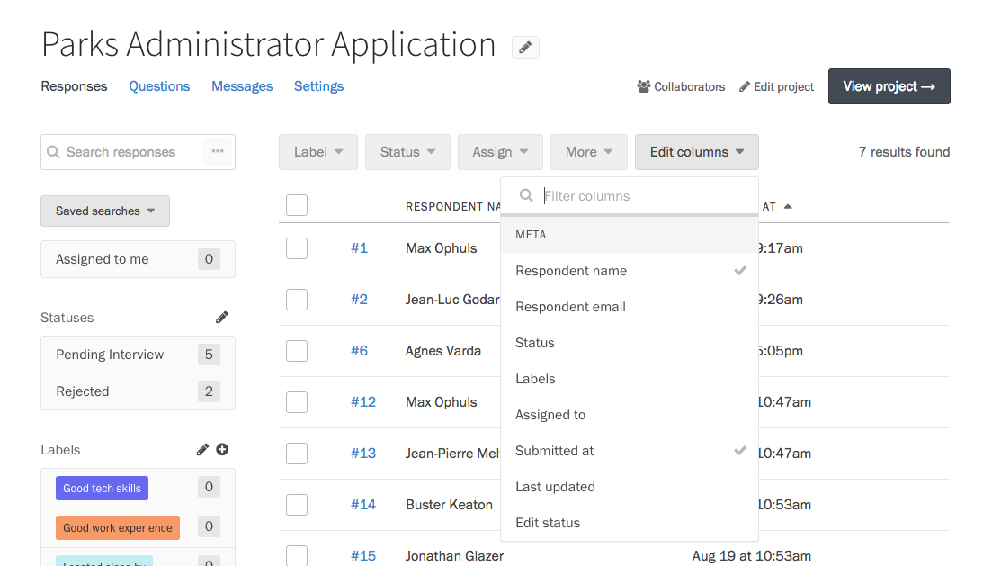 Configuring the Responses table.