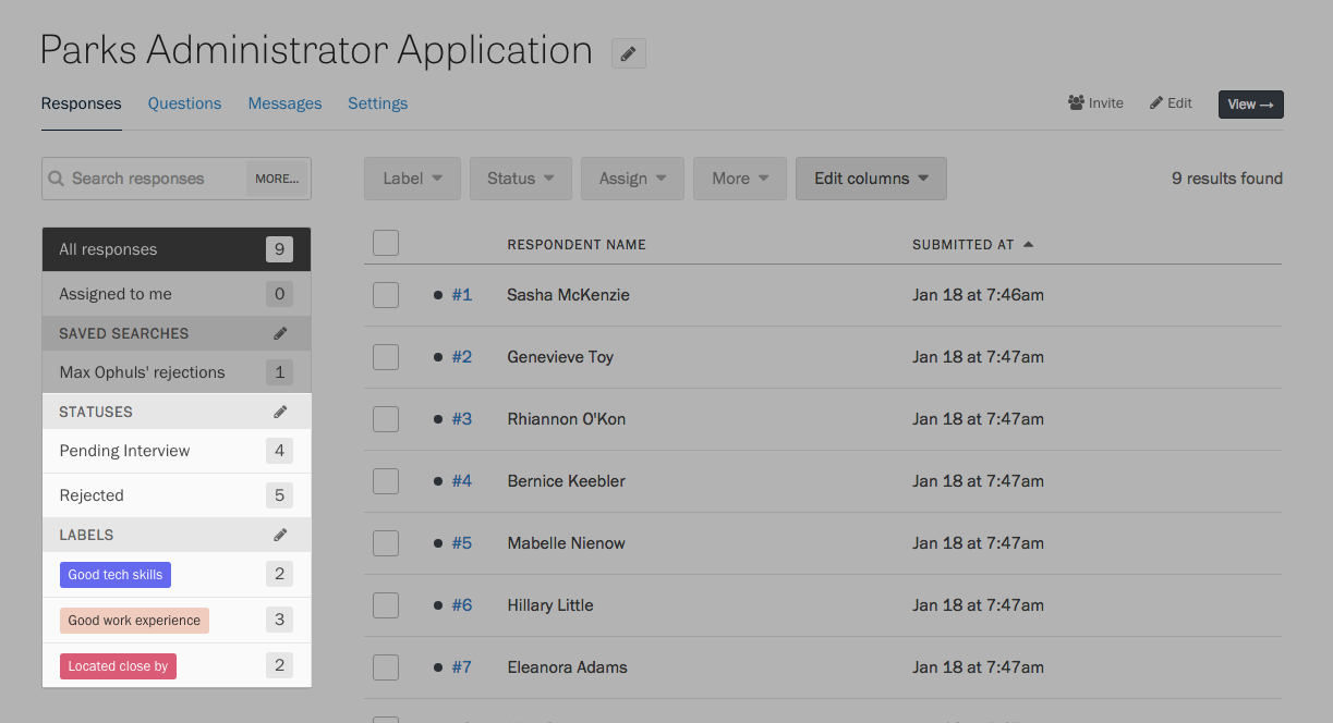 Status and label sidebars on the Responses page.