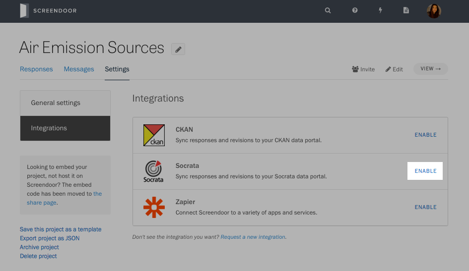 The Integrations page.