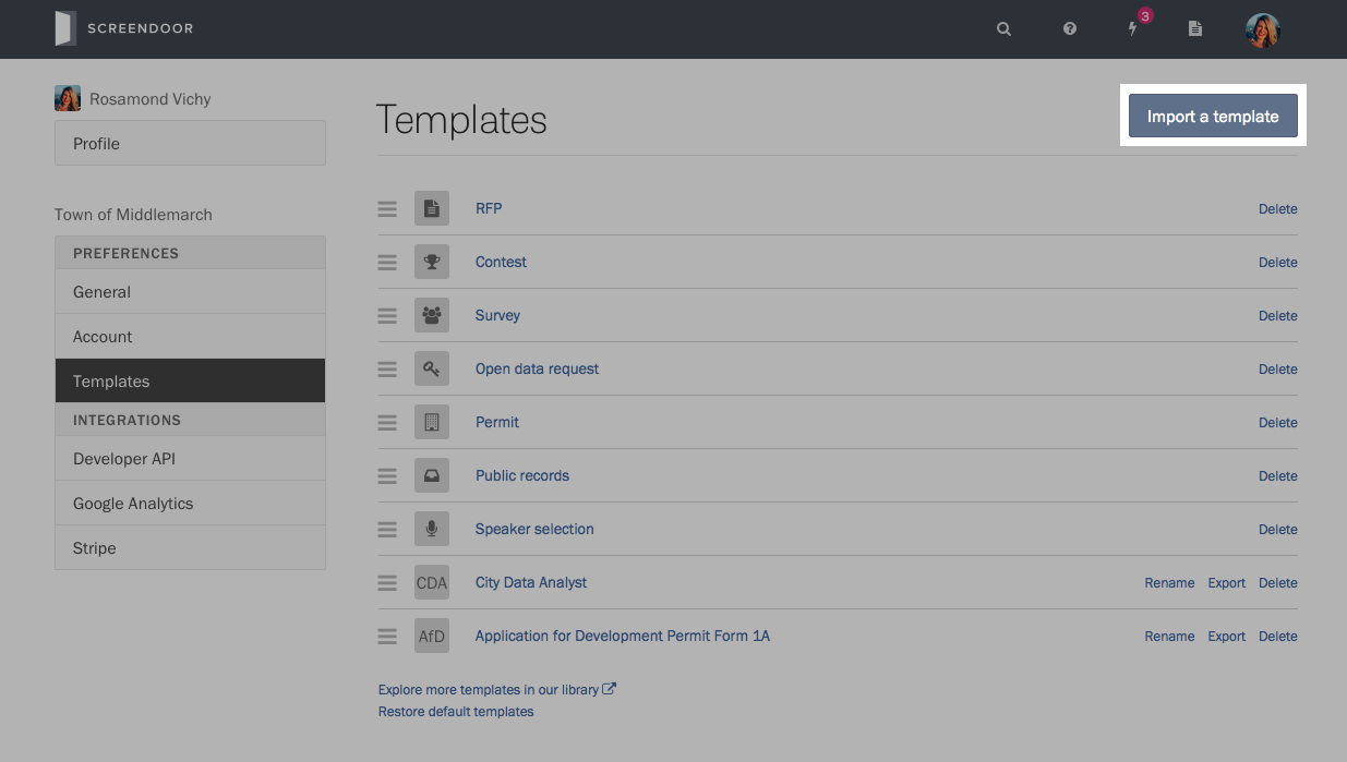 Importing a template.